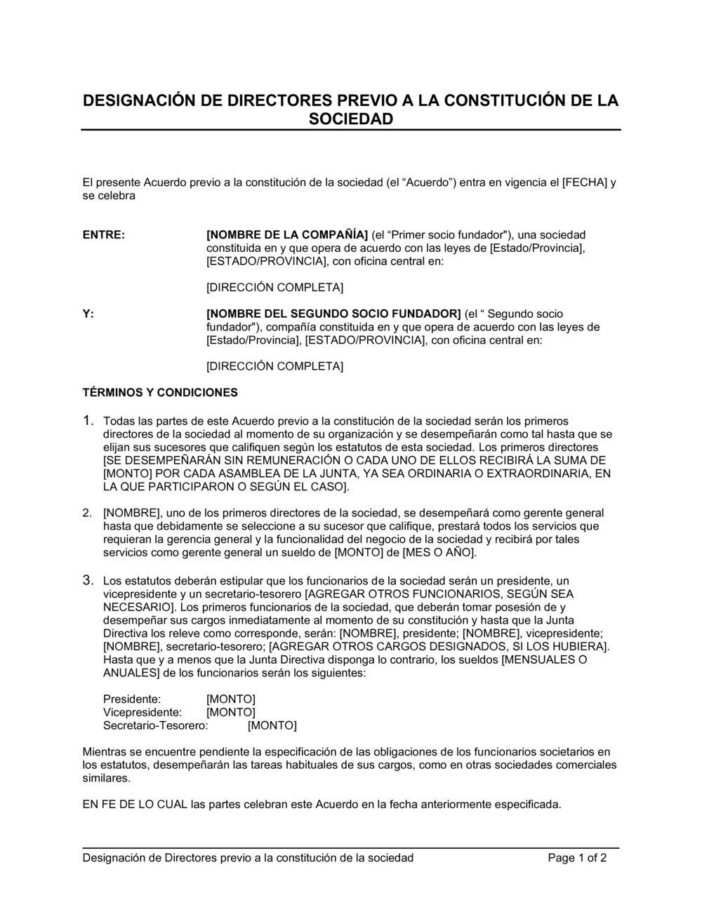 Business-in-a-Box's Designación de directores previo a la constitución de la sociedad