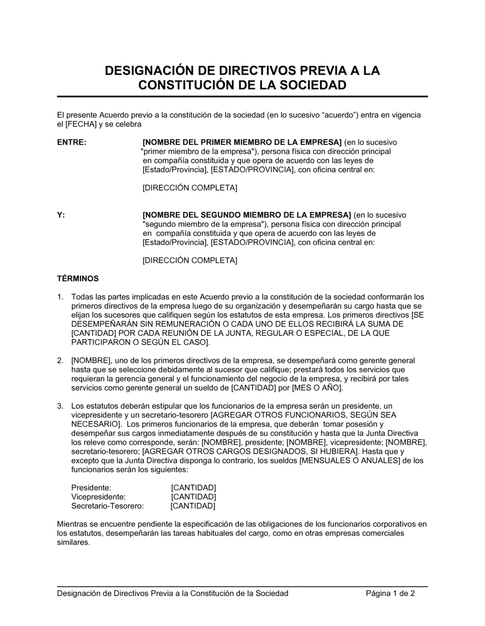 Business-in-a-Box's Designación de directores previo a la constitución de la sociedad