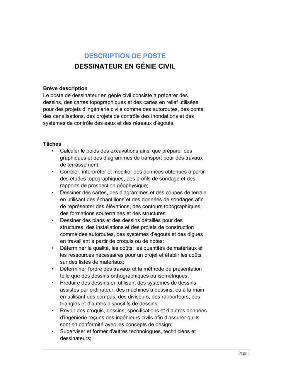 Business-in-a-Box's Dessinateur en génie cilvil Description de poste