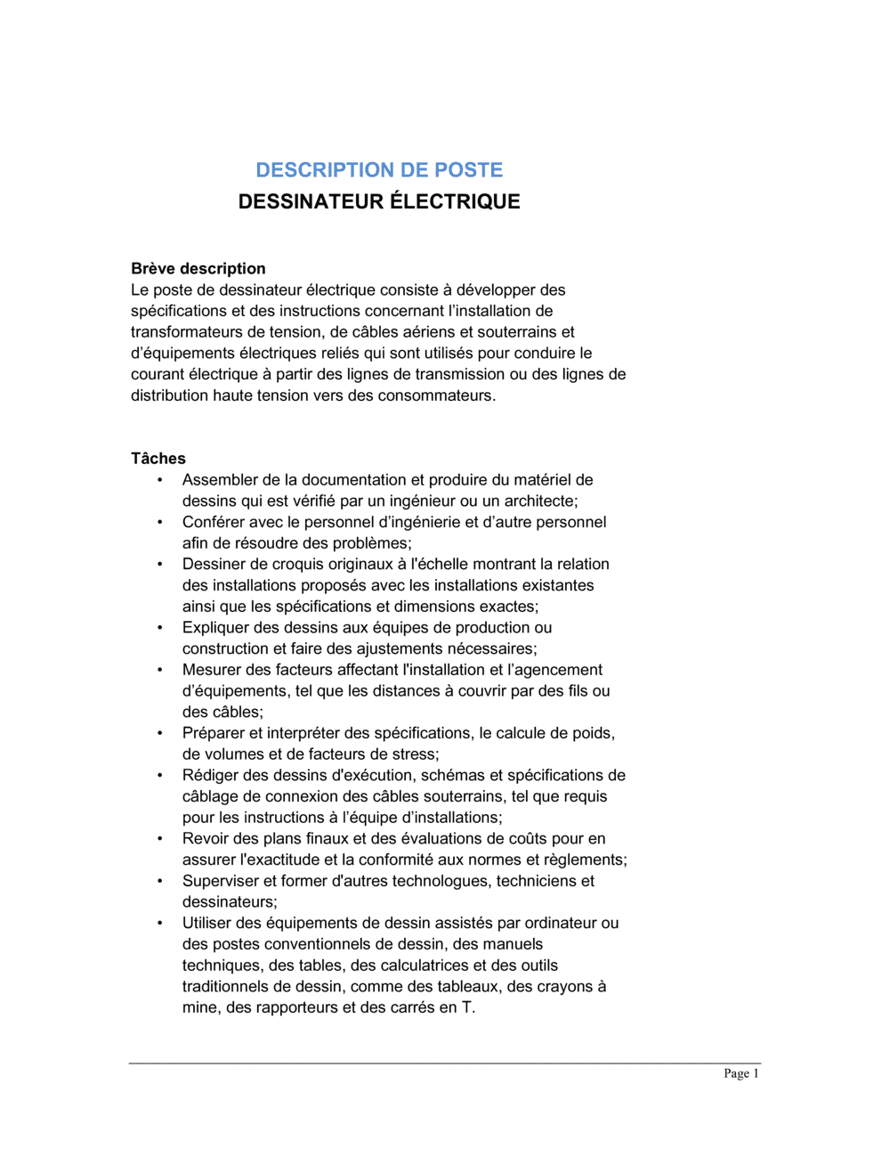 Business-in-a-Box's Dessinateur électrique Description de poste