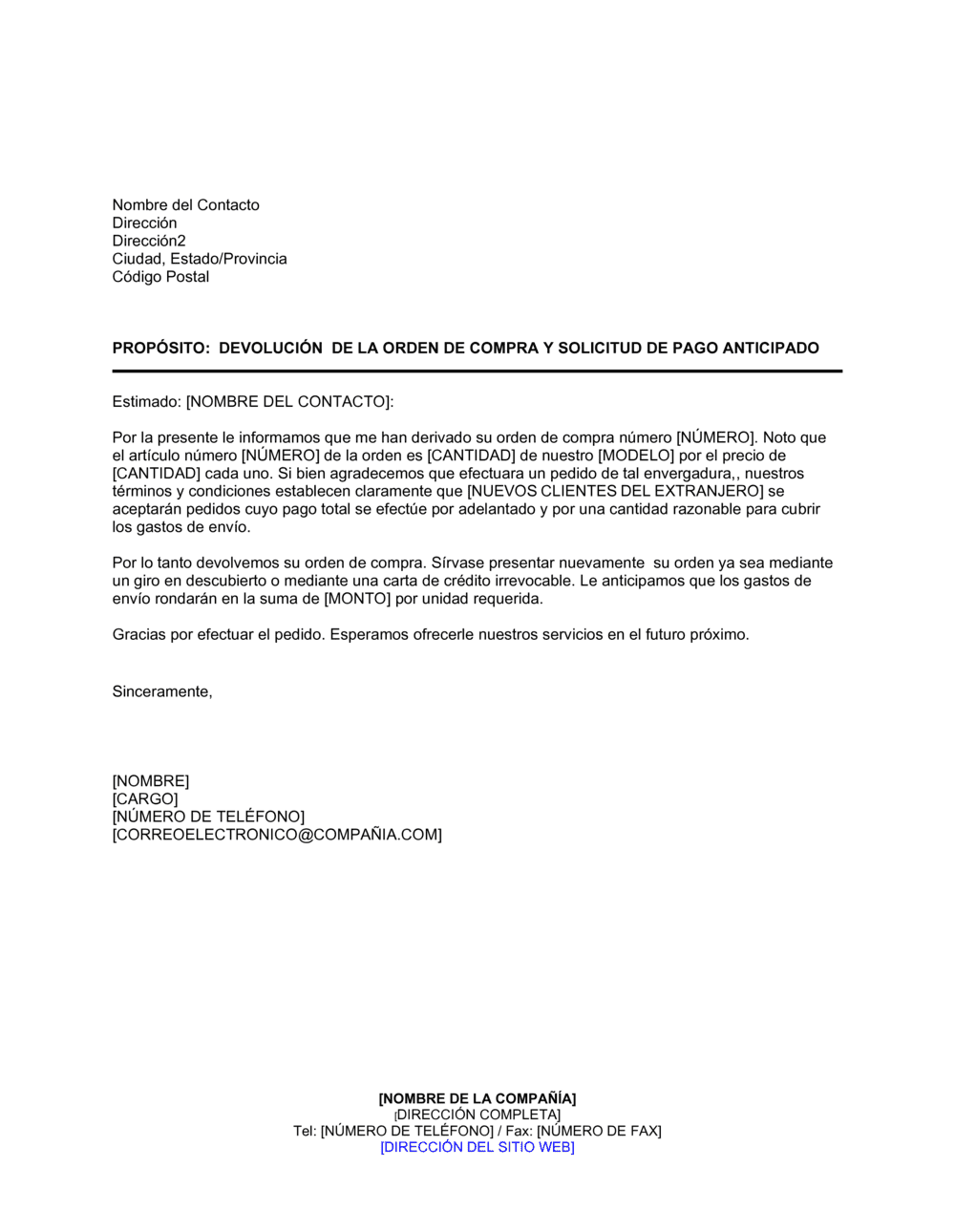 Business-in-a-Box's Devolución de la orden de compra y solicitud de pago anticipado