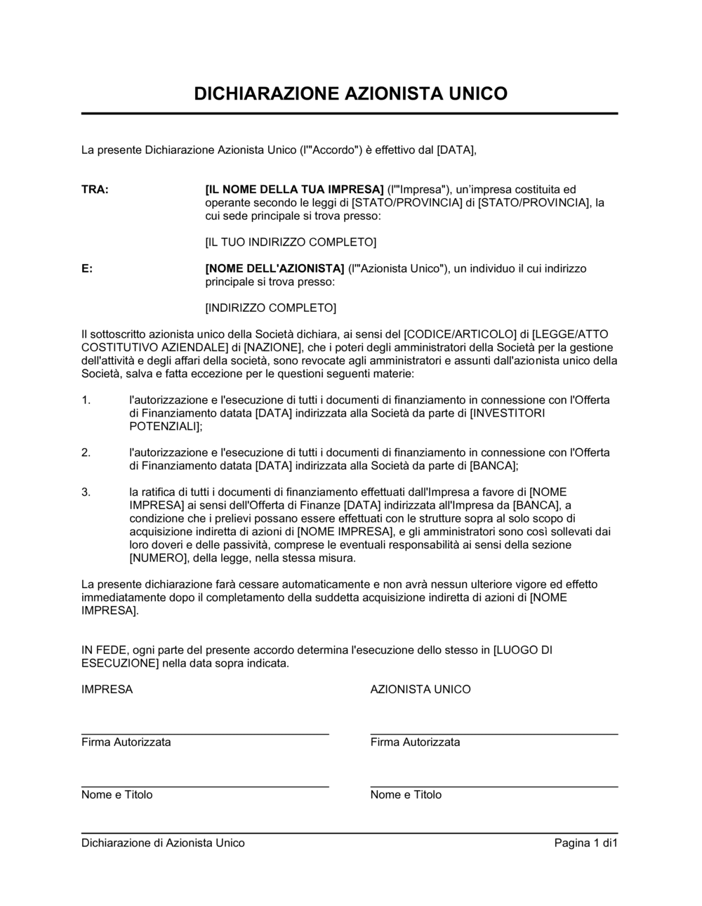 Business-in-a-Box's Dichiarazione azionista unico
