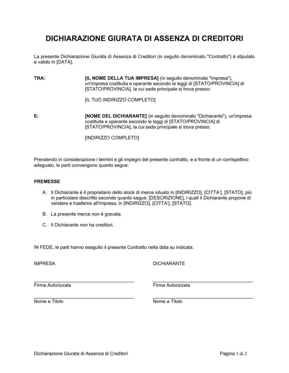 Business-in-a-Box's Dichiarazione giurata di assenza di creditori