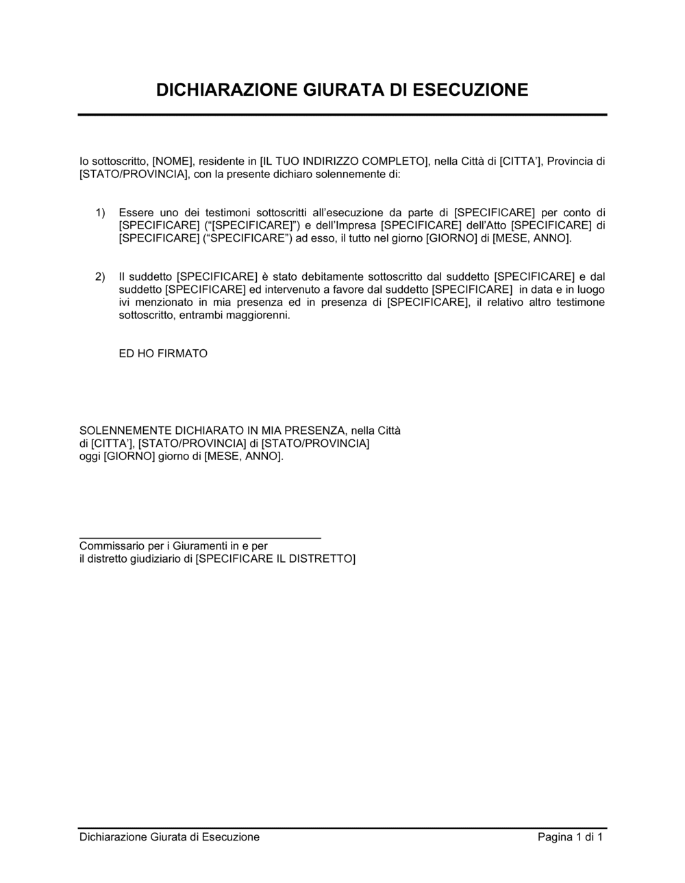 Business-in-a-Box's Dichiarazione giurata di esecuzione