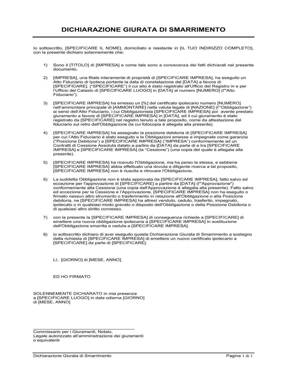 Business-in-a-Box's Dichiarazione giurata di smarrimento