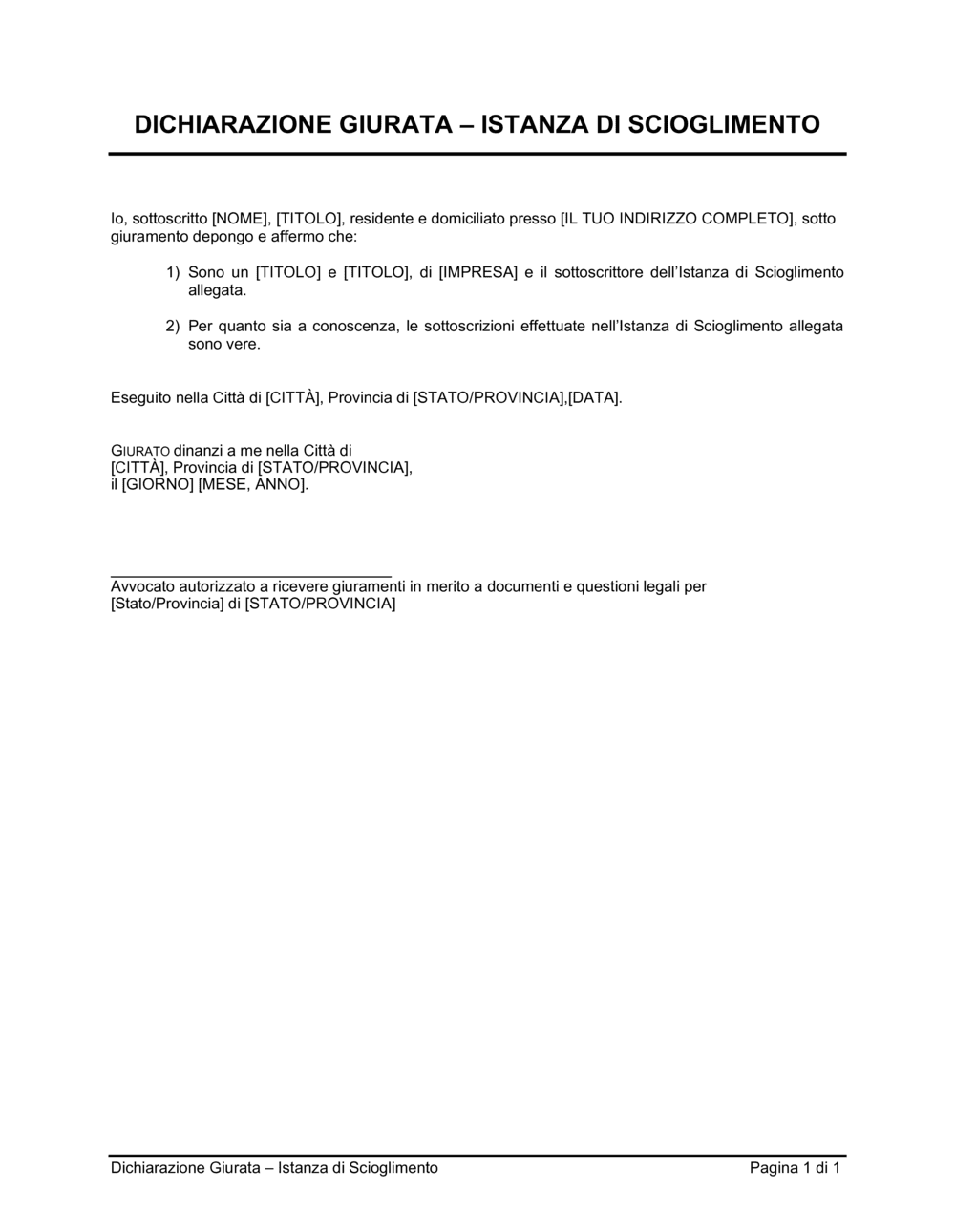 Business-in-a-Box's Dichiarazione giurata istanza di scioglimento