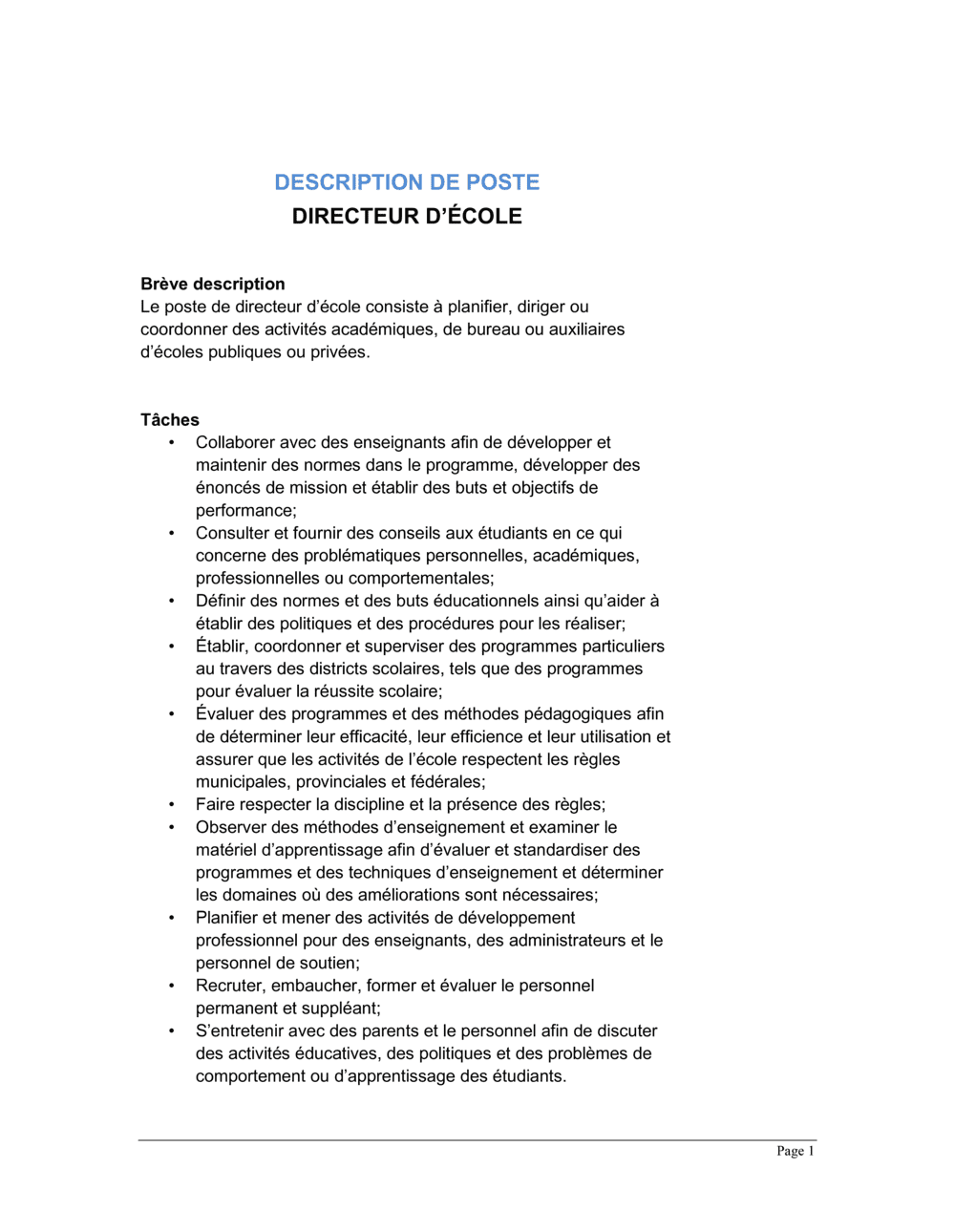 Business-in-a-Box's Directeur d'école Description de poste