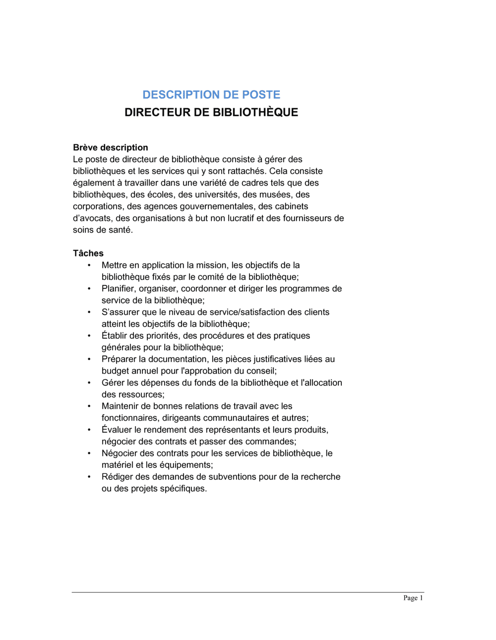 Business-in-a-Box's Directeur de bibliothèque Description de poste