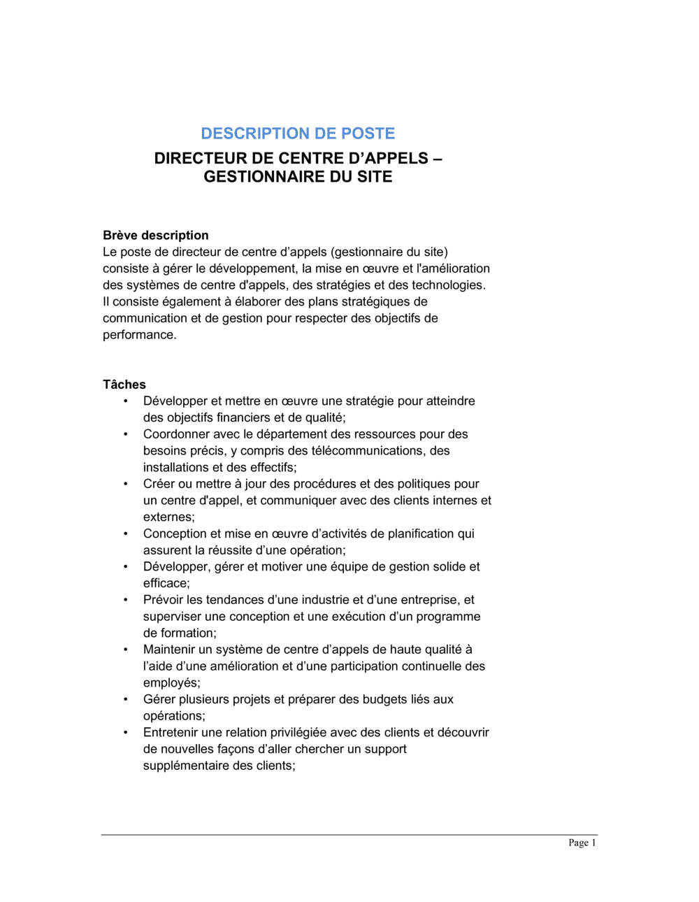 Business-in-a-Box's Directeur de centre d'appels gestionnaire du site Description de poste