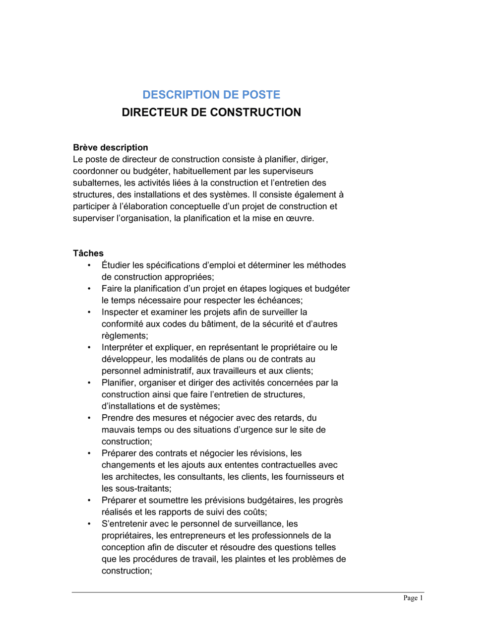 Business-in-a-Box's Directeur de construction Description de poste
