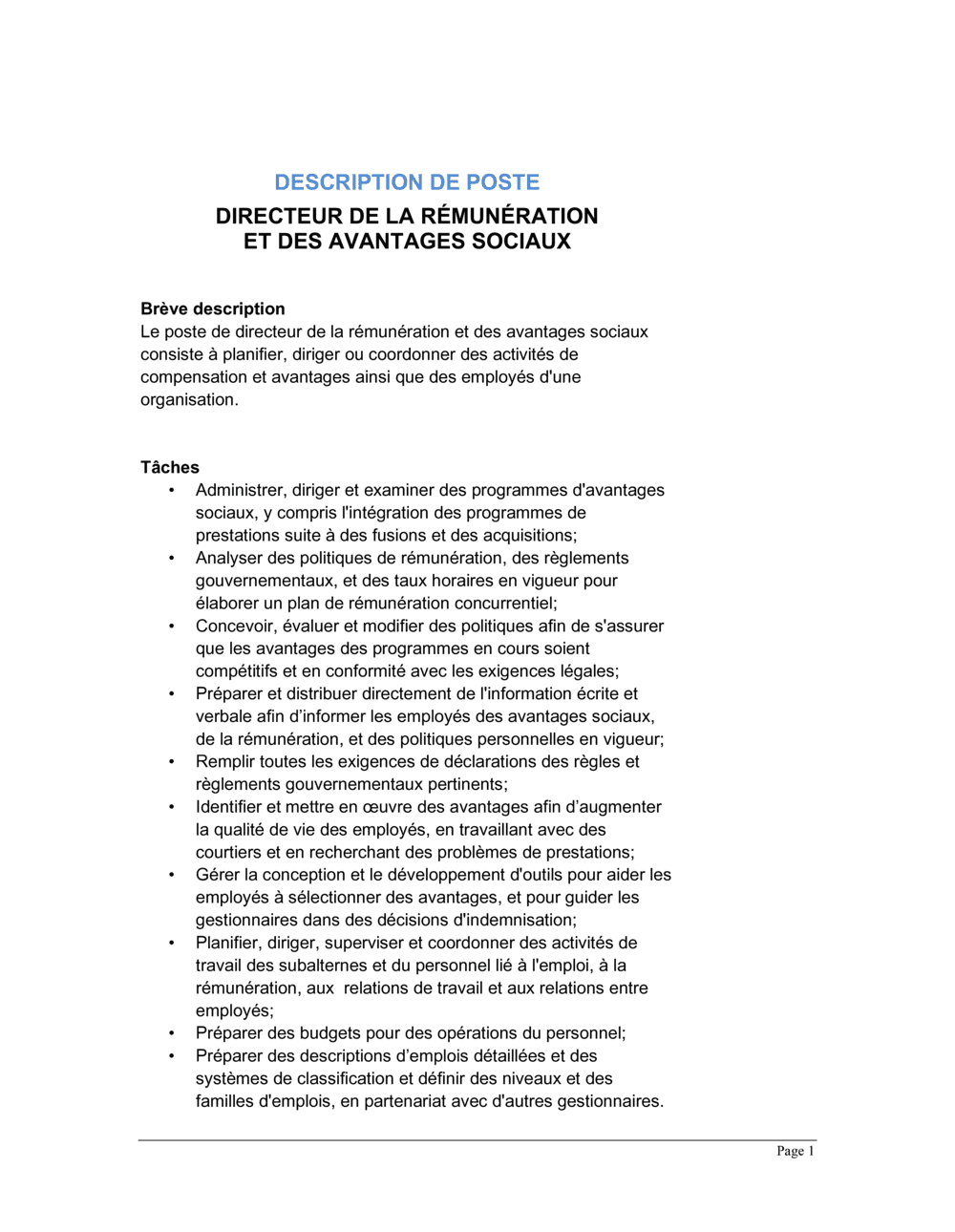 Business-in-a-Box's Directeur de la rémunération et des avantages sociaux Description de poste