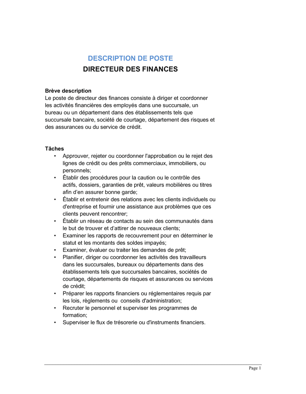 Business-in-a-Box's Directeur des finances Description de poste