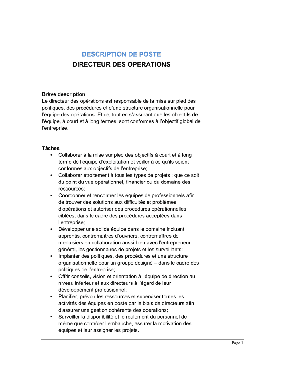 Business-in-a-Box's Directeur des opérations Description de poste