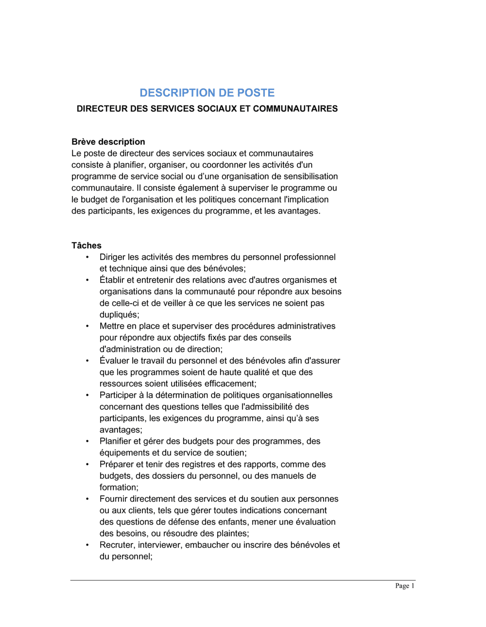 Business-in-a-Box's Directeur des services sociaux et communautaires Description de poste