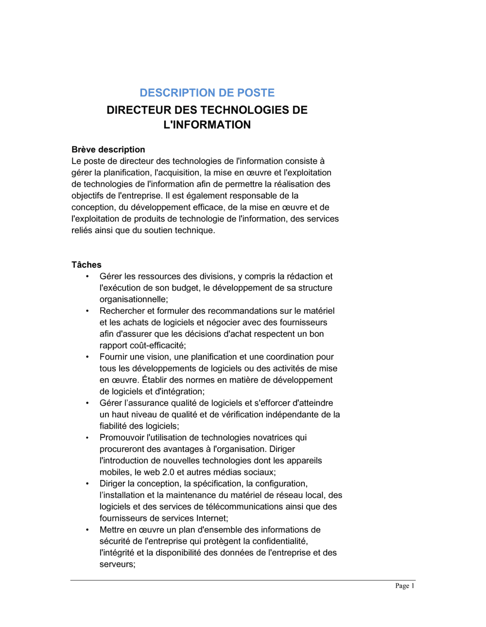 Business-in-a-Box's Directeur des technologies de l'information Description de poste