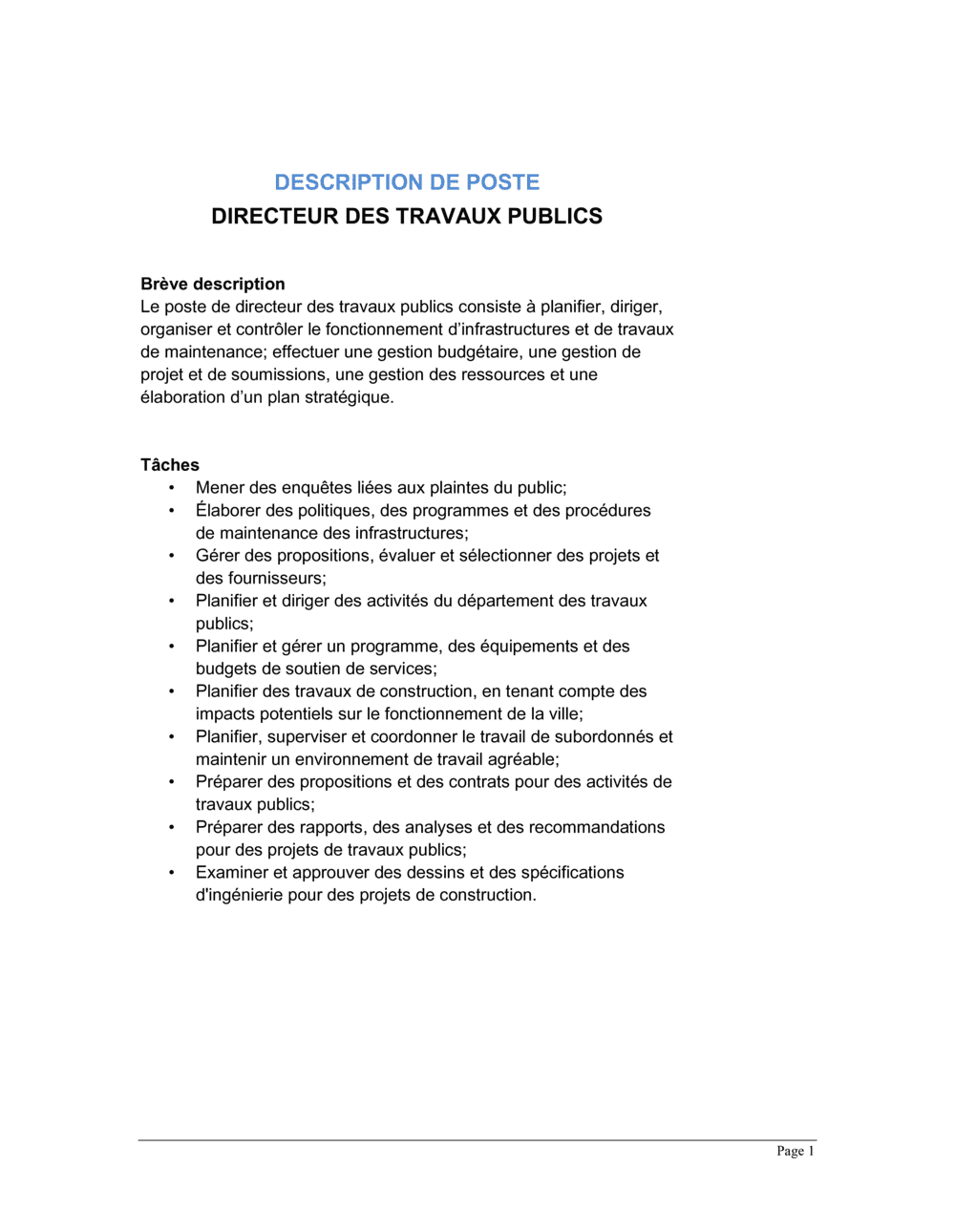 Business-in-a-Box's Directeur des travaux publics Description de poste