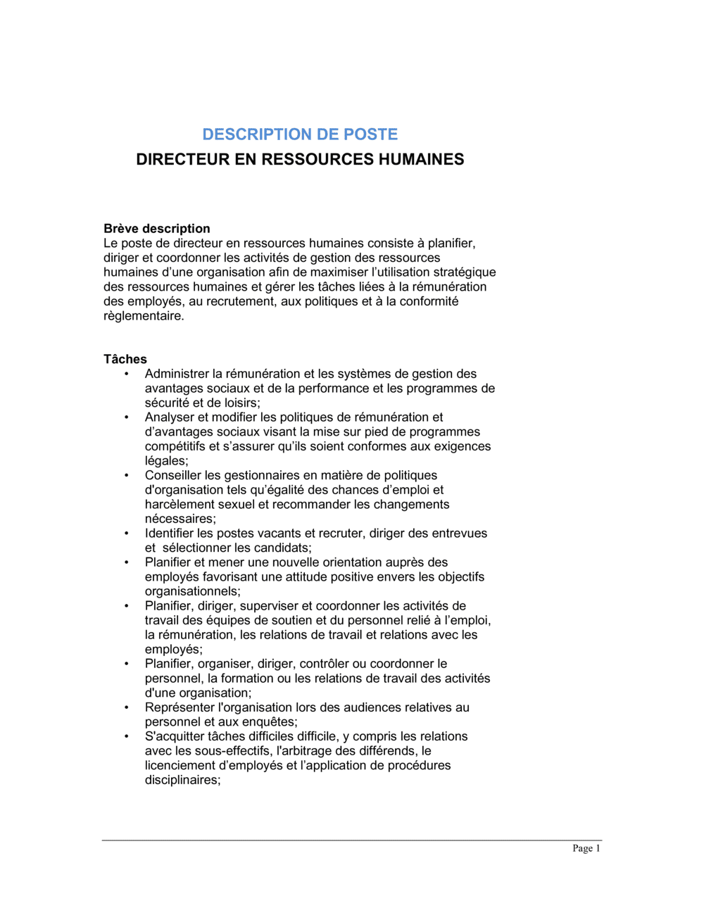 Business-in-a-Box's Directeur en ressources humaines Description de poste
