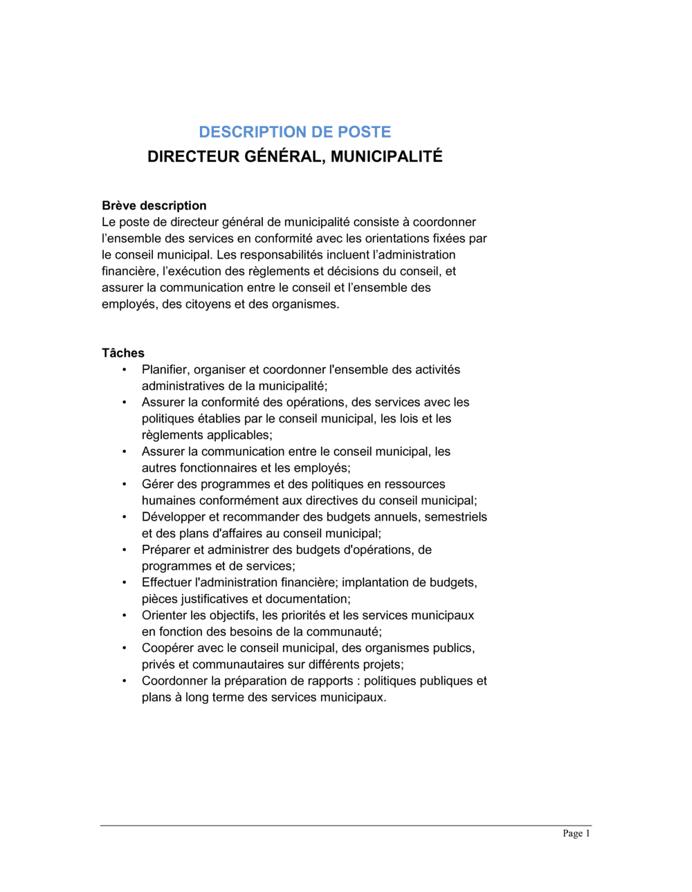 Business-in-a-Box's Directeur général municipalité Description de poste