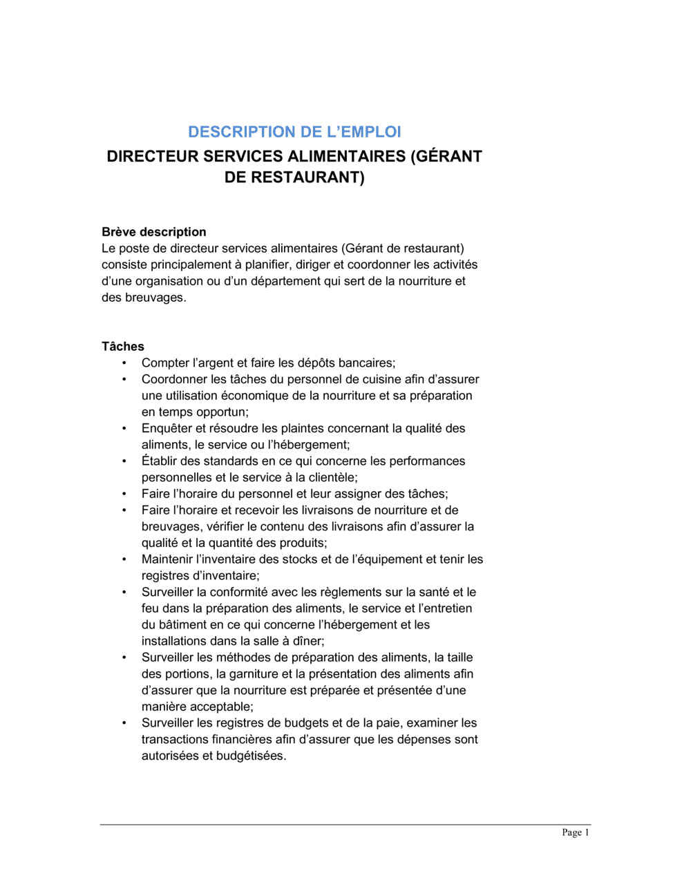 Business-in-a-Box's Directeur services alimentaires (gérant de restaurant) Description de poste