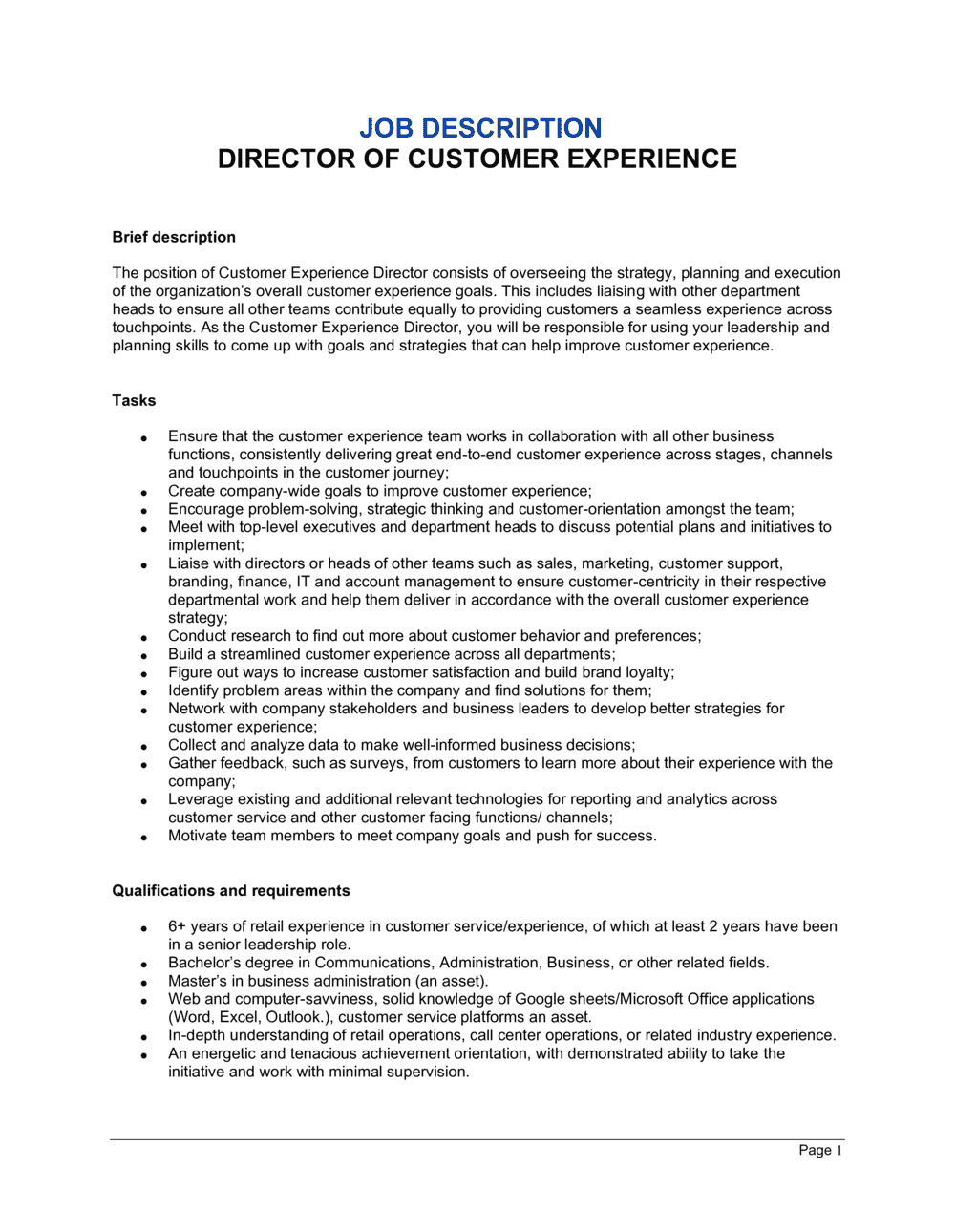 Business-in-a-Box's Director Of Customer Experience Job Description Template