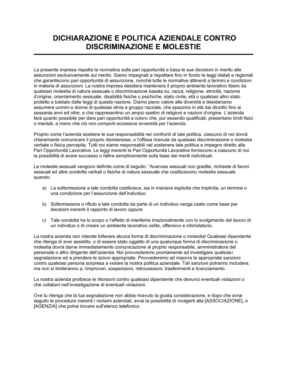 Business-in-a-Box's Discriminazione e molestie