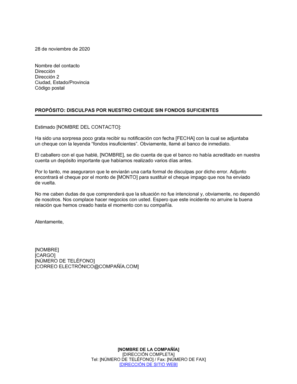 Business-in-a-Box's Disculpas al destinatario del cheque sin fondos