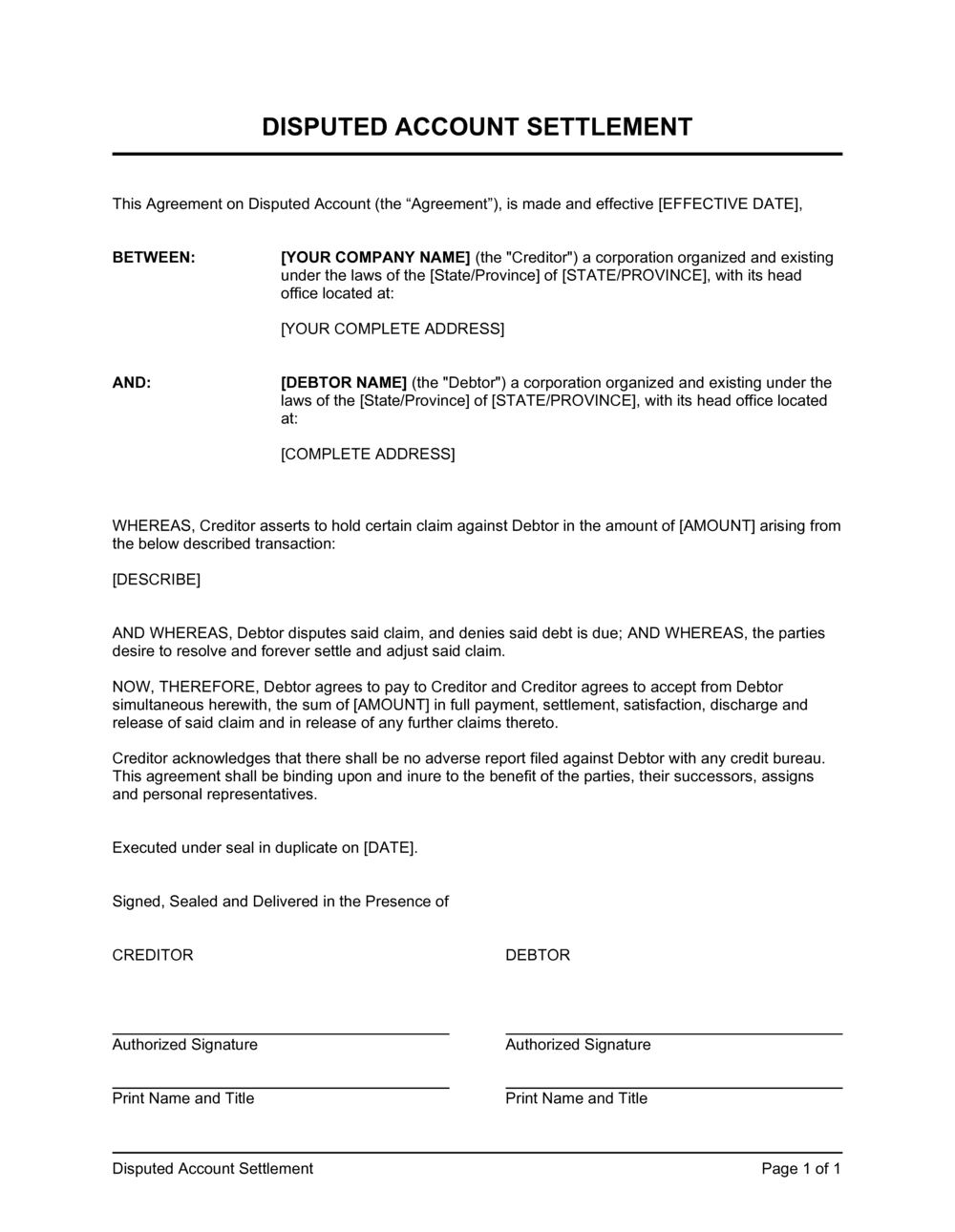 Disputed Account Settlement Template By Business in a Box 