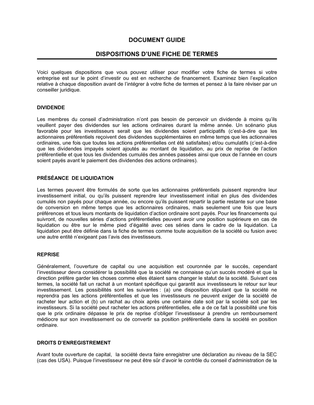 Business-in-a-Box's Document Guide Dispositions d'une fiche de termes