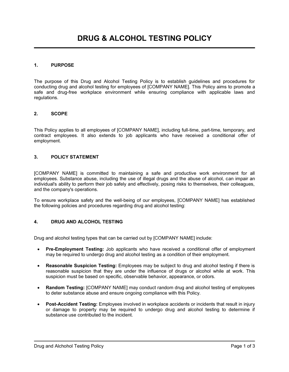 Drug and Alcohol Testing Policy Template