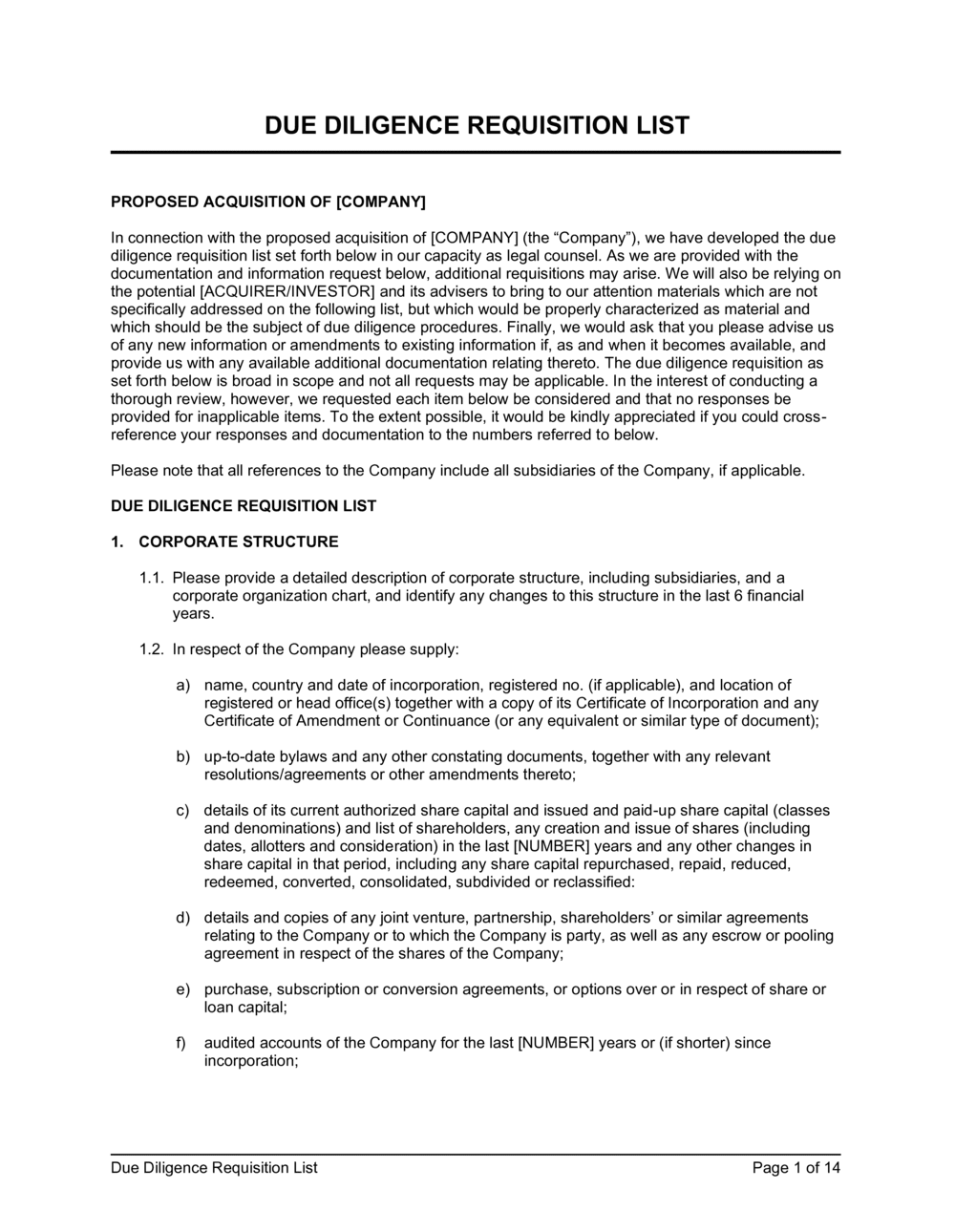 Business-in-a-Box's Due Diligence Requisition List Template
