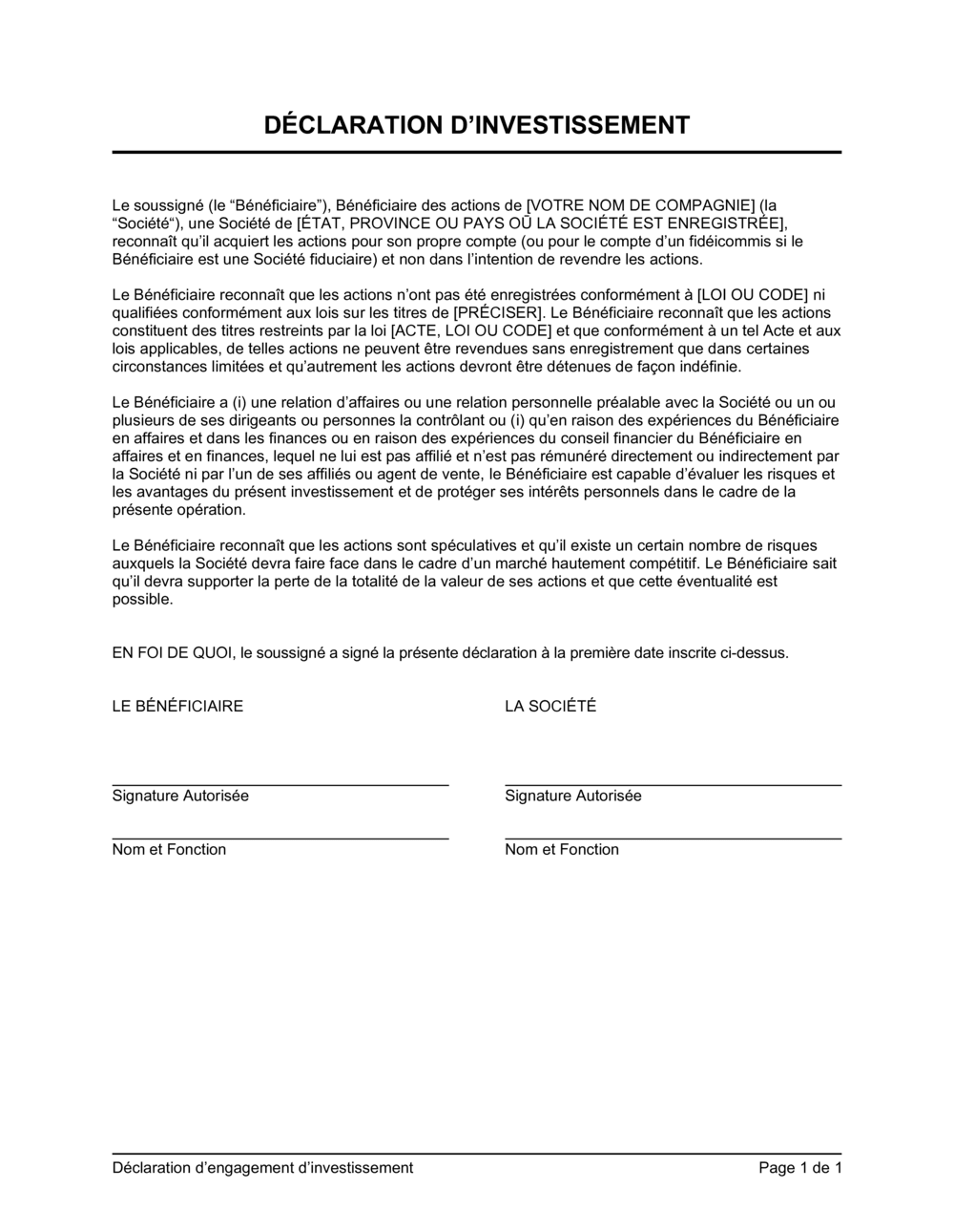 Business-in-a-Box's Déclaration d'engagement d'investissement