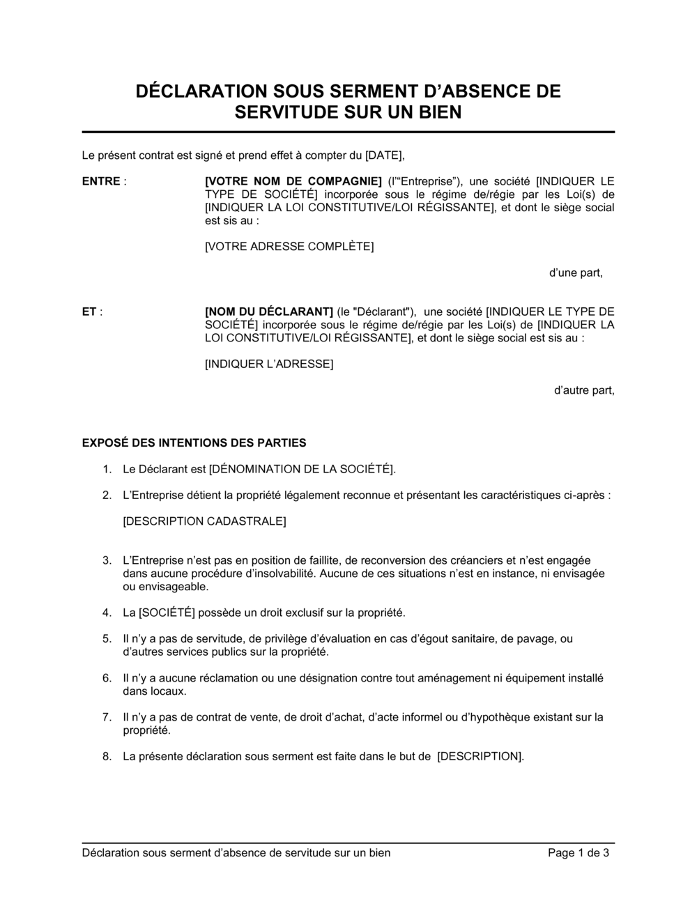 Business-in-a-Box's Déclaration sous serment d'absence de servitude sur un bien