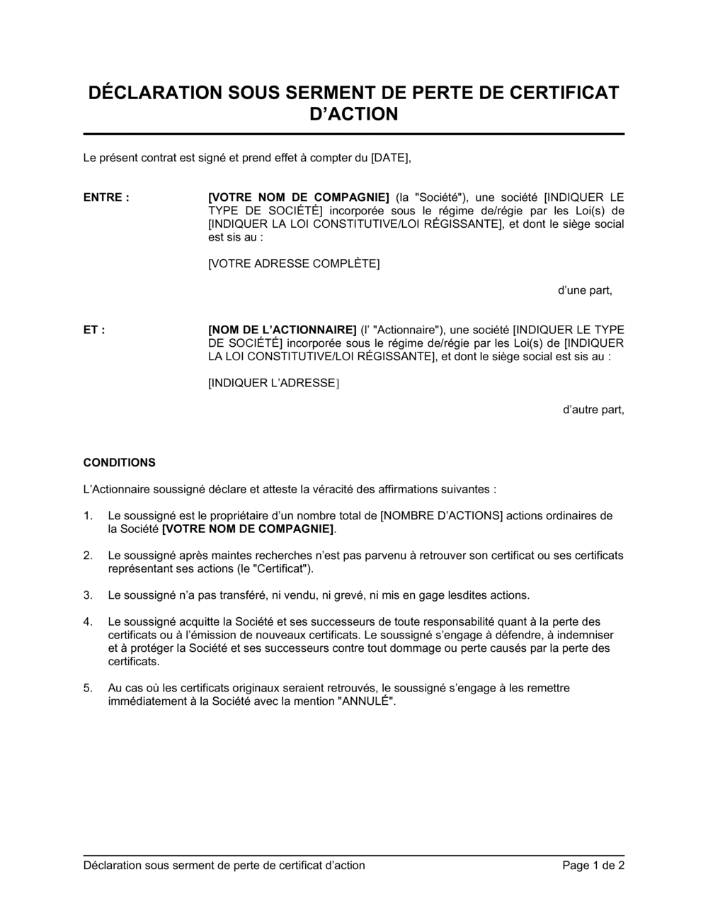 Business-in-a-Box's Déclaration sous serment de perte de certificat d'action