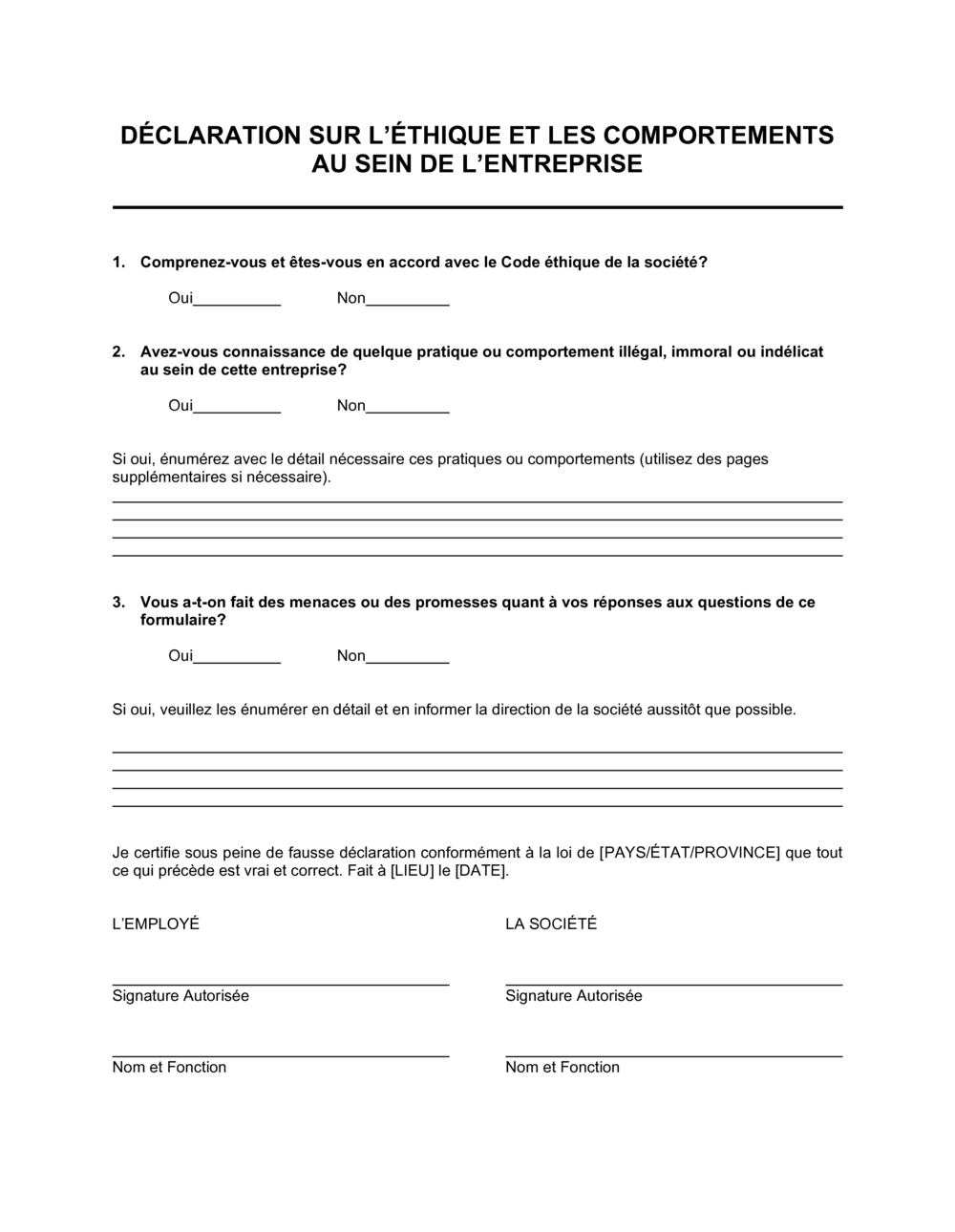 Business-in-a-Box's Déclaration sur l'éthique et les comportements au sein de l'entreprise