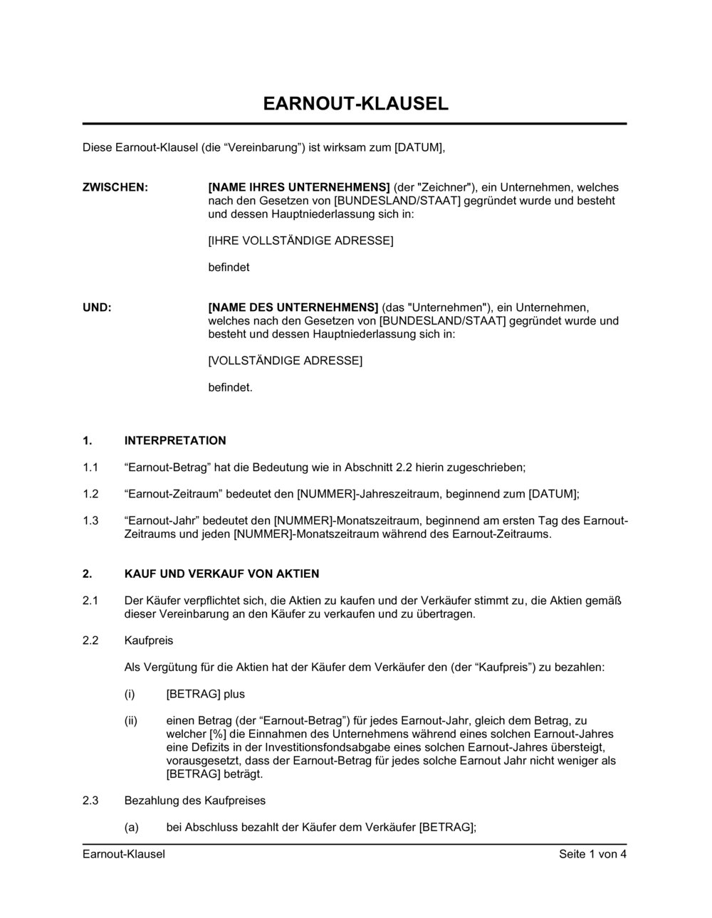 Business-in-a-Box's Earnout Klausel