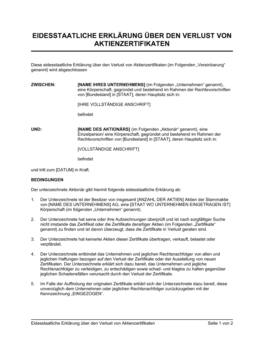 Business-in-a-Box's Eidesstaatliche Erklärung über den Verlust von Aktienzertifikaten