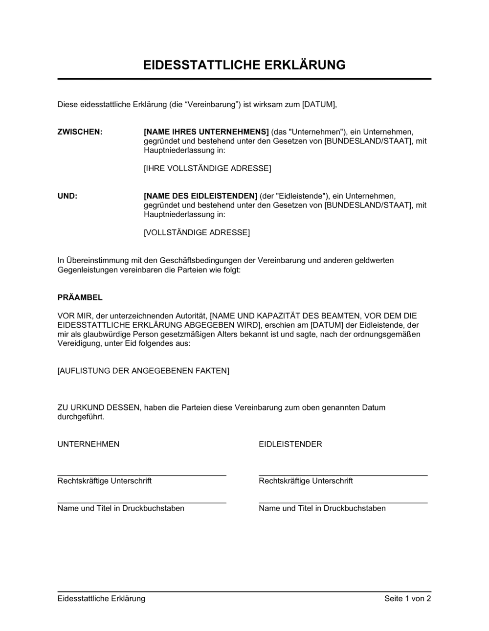 Business-in-a-Box's Eidesstattliche Erklärung