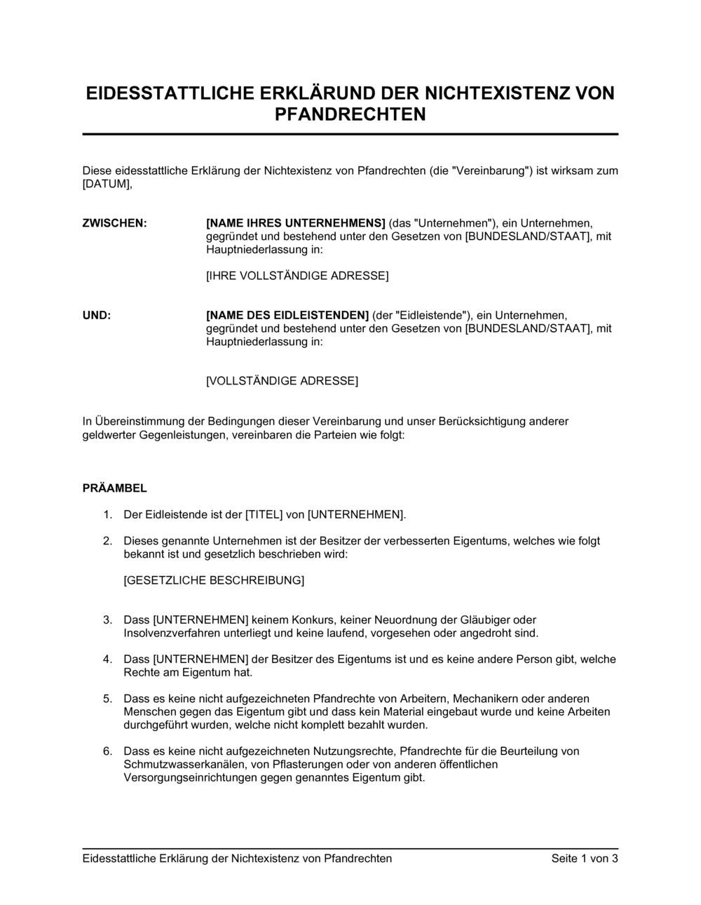 Business-in-a-Box's Eidesstattliche Erklärung der Nichtexistenz von Pfandrechten
