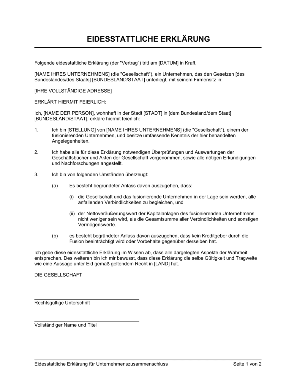 Business-in-a-Box's Eidesstattliche Erklärung für Unternehmenszusammenschluss