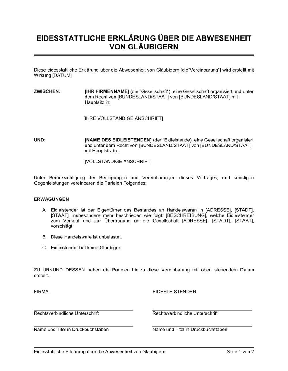 Business-in-a-Box's Eidesstattliche Erklärung über die Abwesenheit von Gläubigern