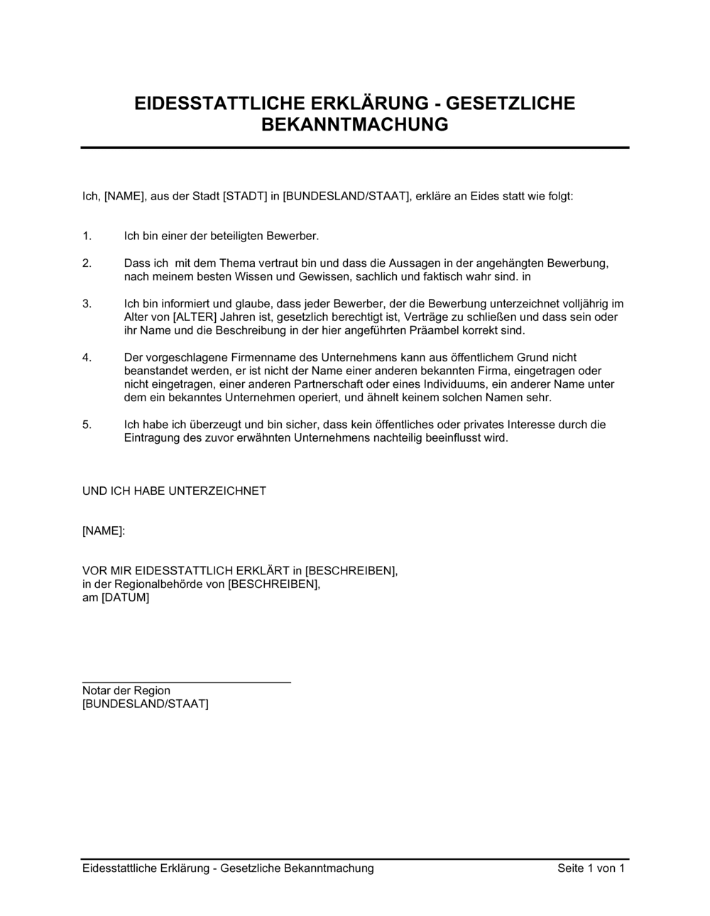 Business-in-a-Box's Eidesstattliche Erklärung Gesetzliche Bekanntmachung