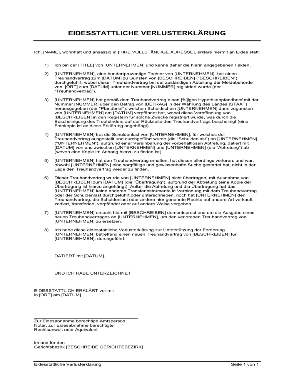 Business-in-a-Box's Eidesstattliche Verlusterklärung