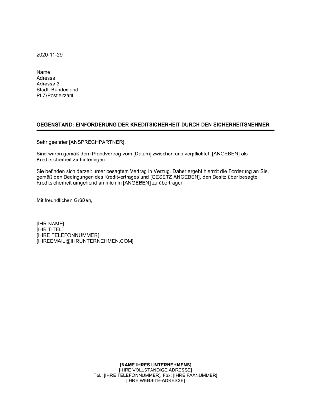 Business-in-a-Box's Einforderung der Kreditsicherheit durch den Sicherheitsnehmer