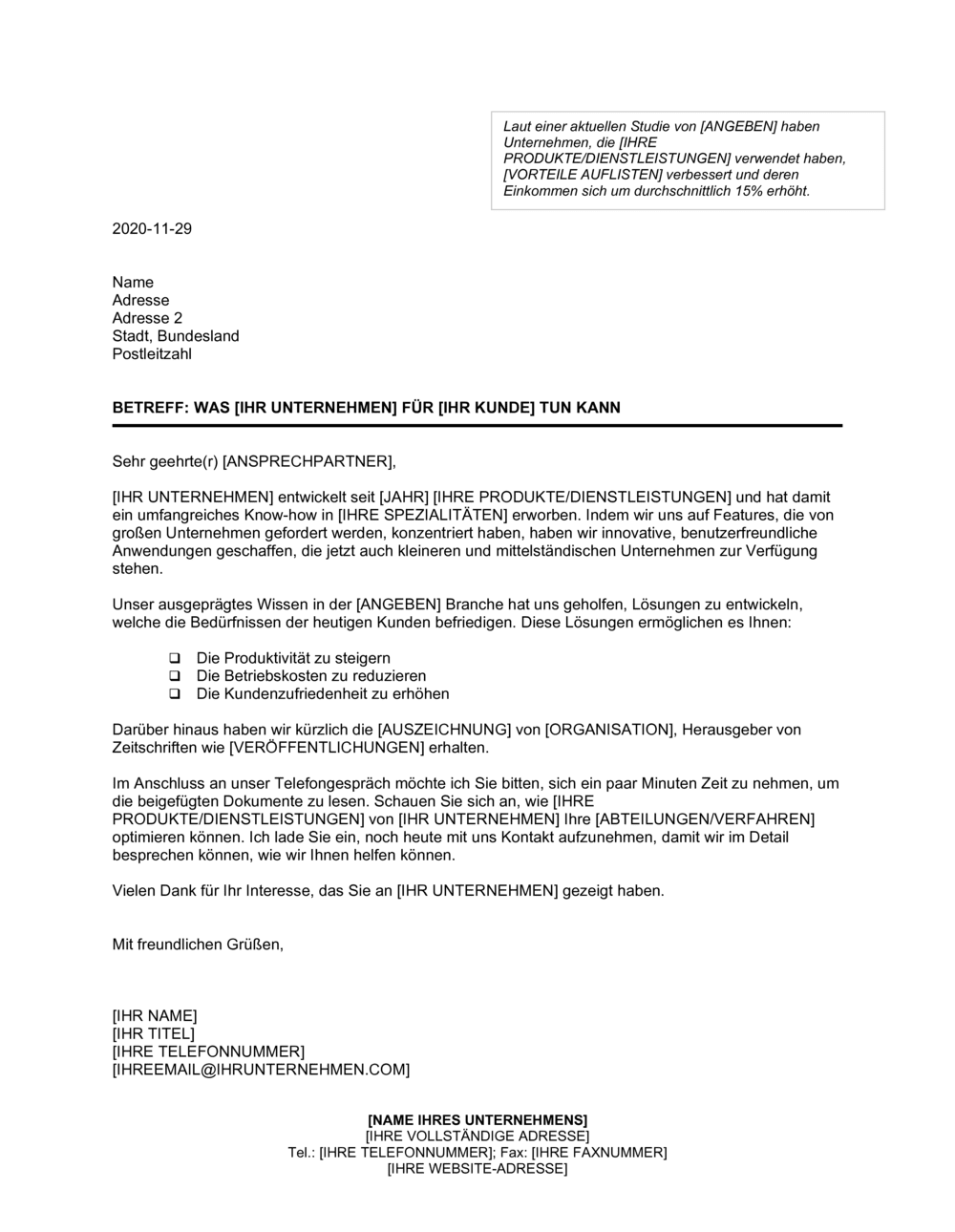 Business-in-a-Box's Einführungsschreiben