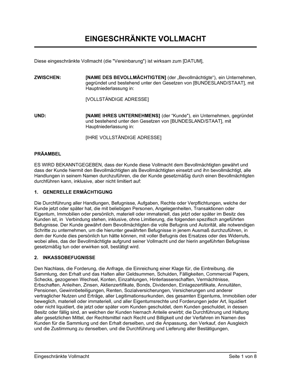 Business-in-a-Box's Eingeschränkte Vollmacht