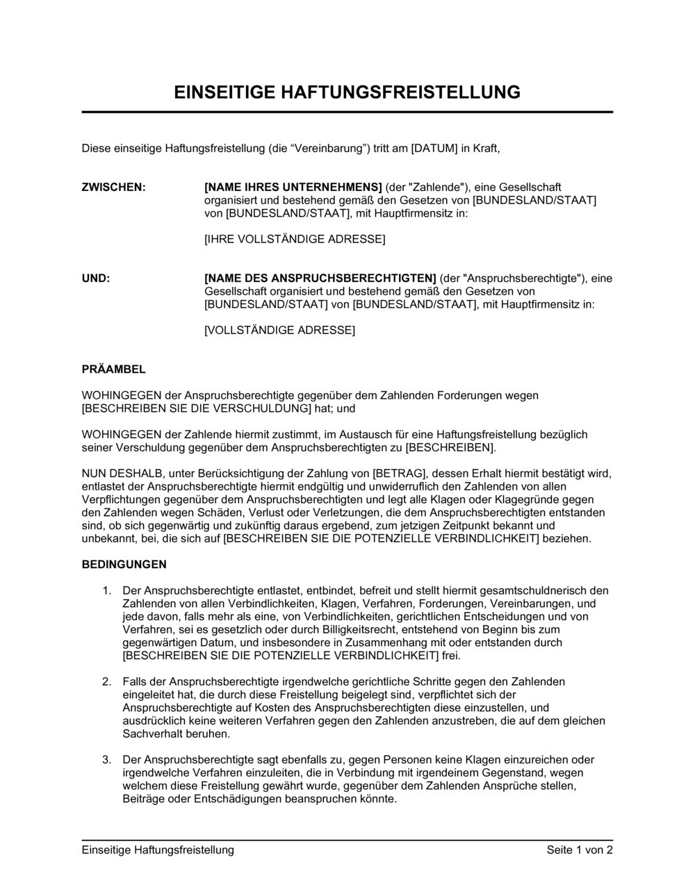 Business-in-a-Box's Einseitige Haftungsfreistellung
