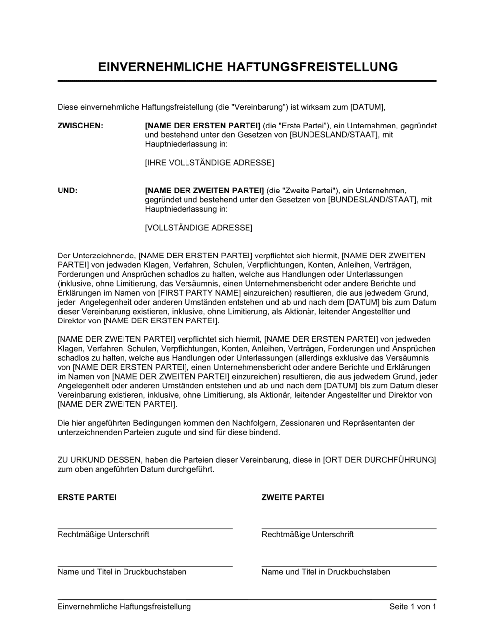 Business-in-a-Box's Einvernehmliche Haftungsfreistellung