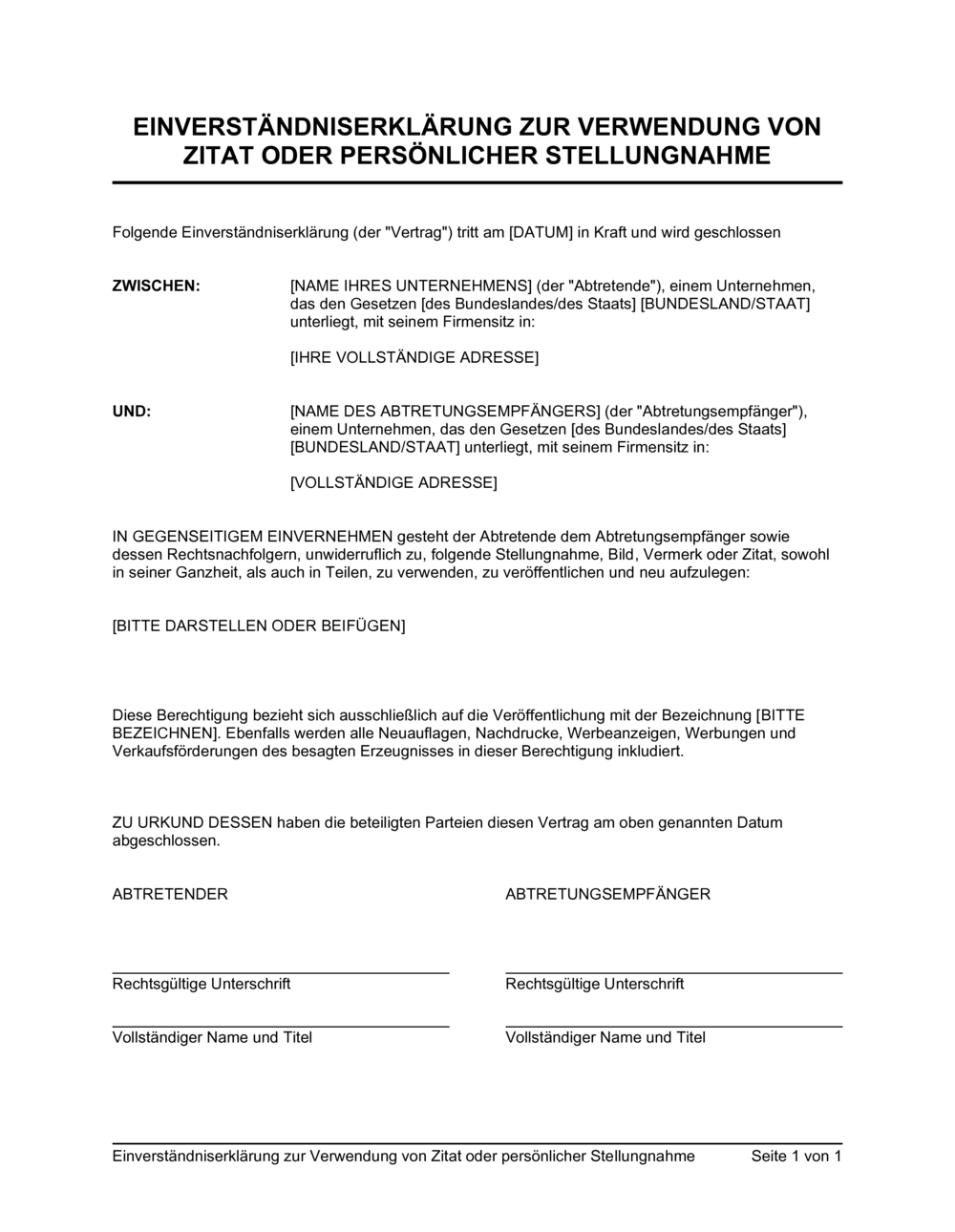 Business-in-a-Box's Einverständniserklärung zur Verwendung von Zitat oder persönlicher Stellungnahme