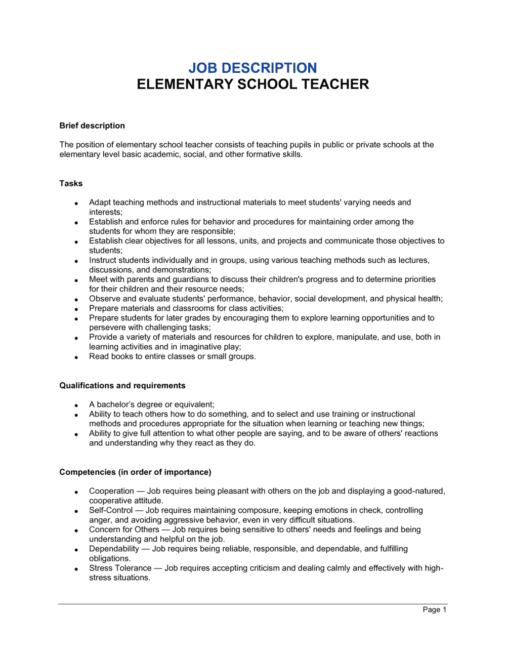 Elementary School Teacher Job Description Template By Business in a Box 