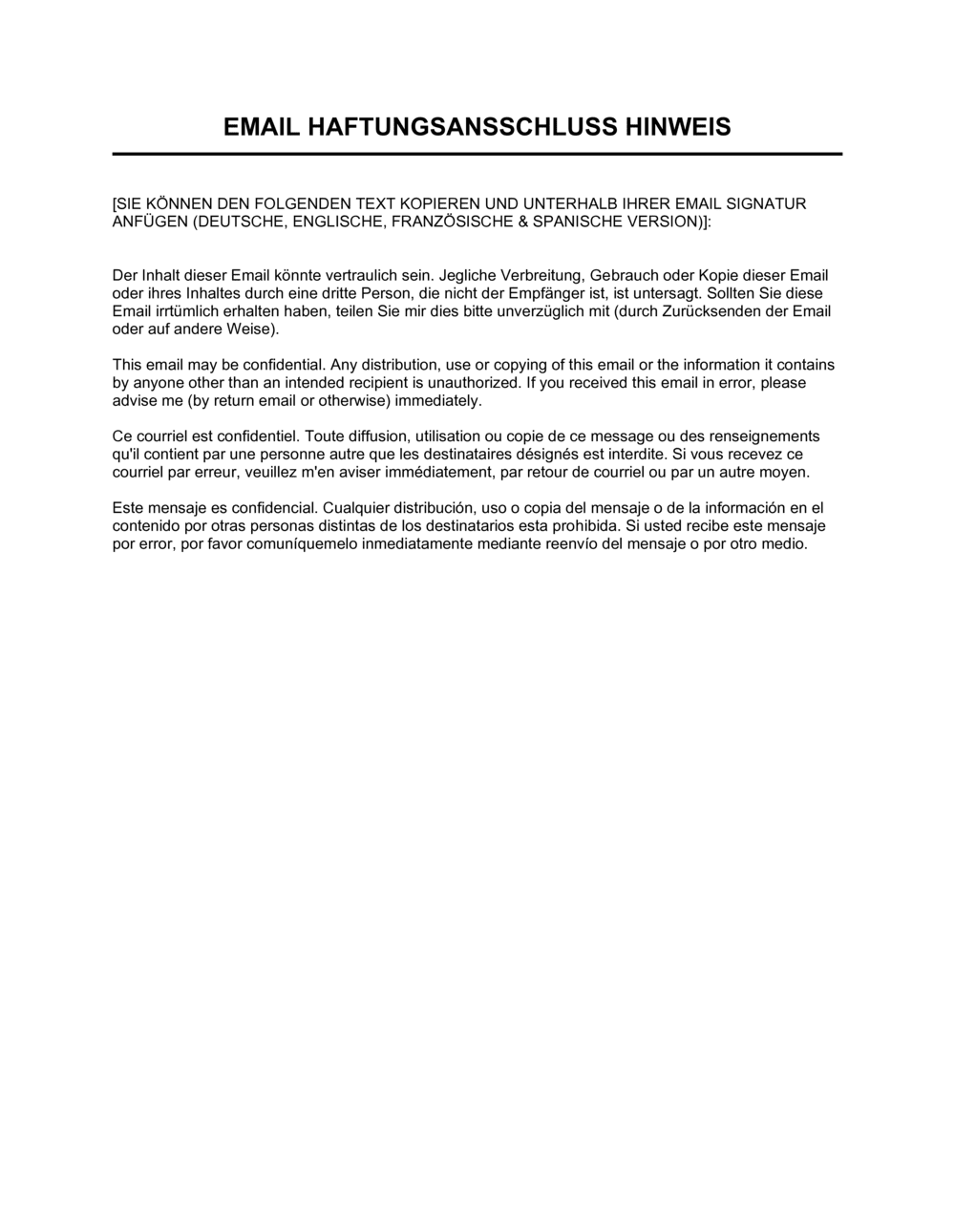 Business-in-a-Box's Email Haftungsansschluss Hinweis